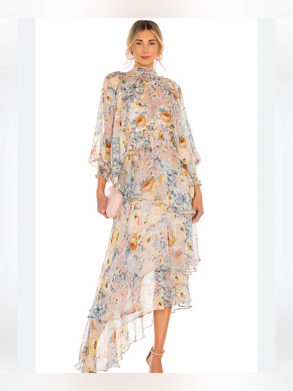 🌸 Elliatt Pastel Floral High-Neck Ruffled Chiffon Maxi Dress Size Medium